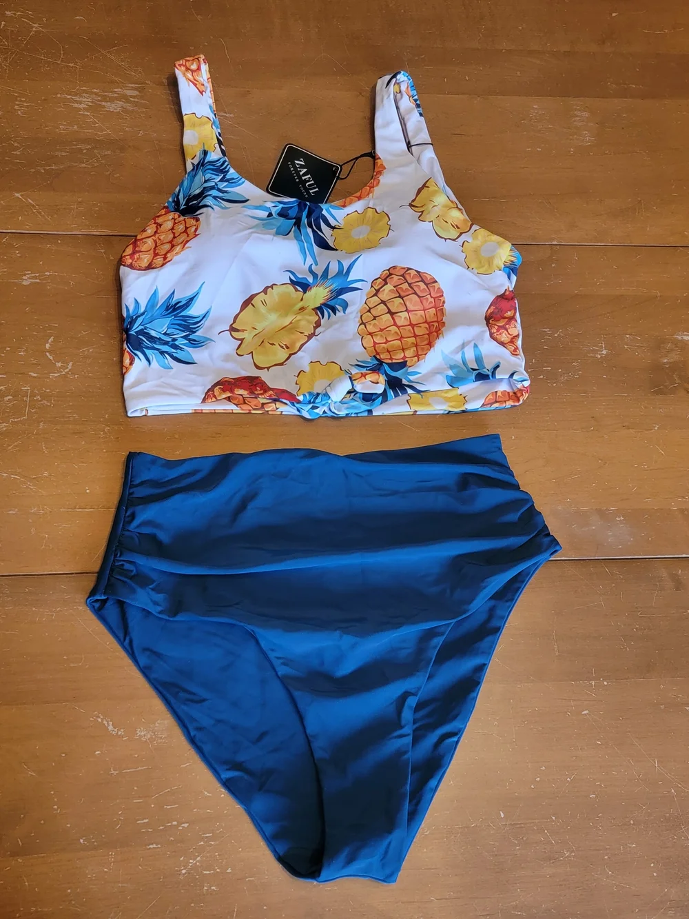 Zaful Womens Bikini Set Pineapple Print Knotted Top with Blue Bottom Size M NWT